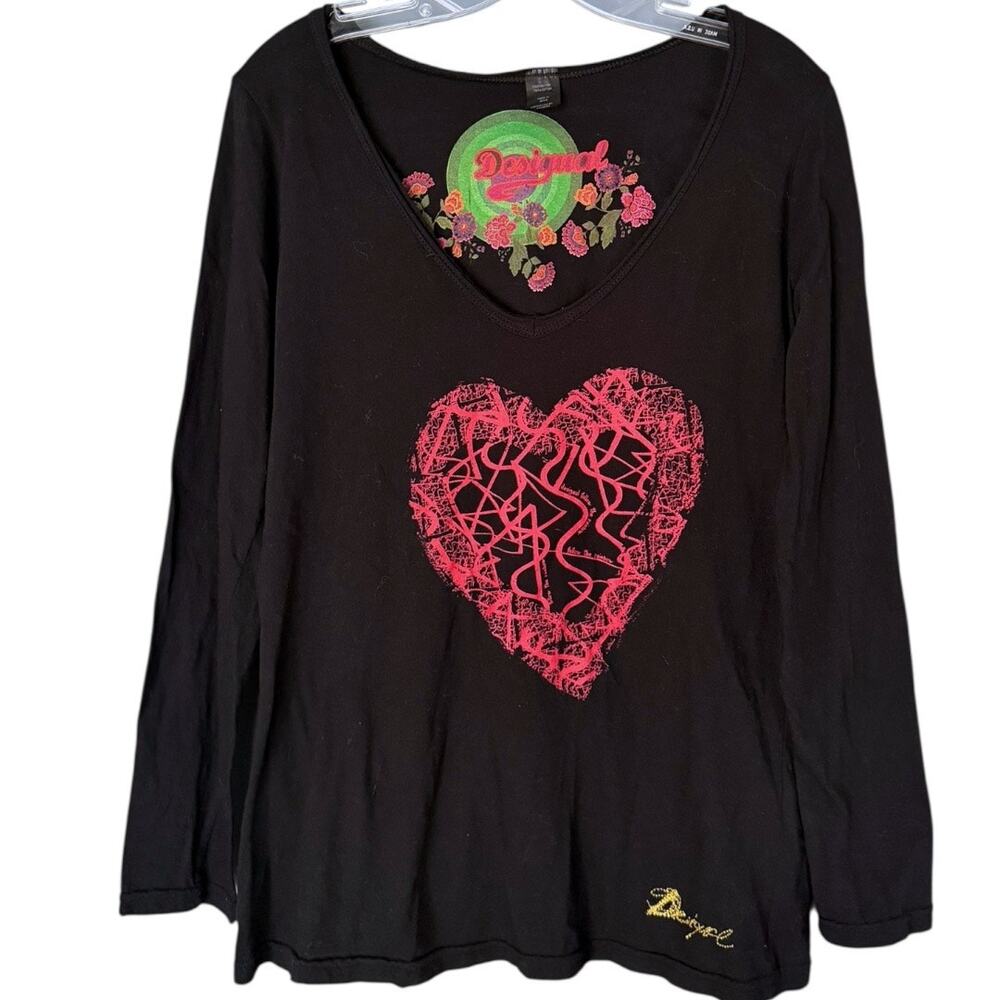 Desigual Heart Graphic Long Sleeve Tee Women's XL Black Artsy Boho Cotton Spain